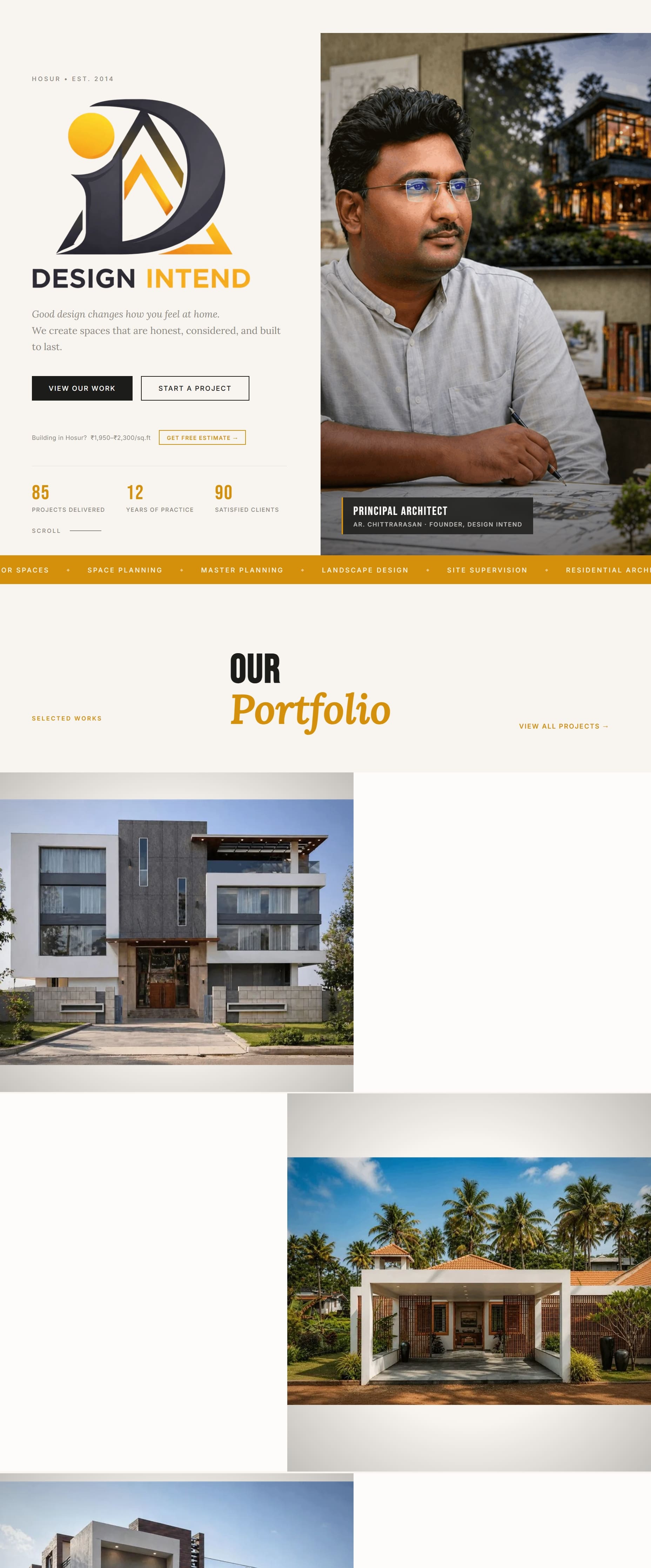 Design Intend homepage — architecture studio website built by OptiScale Advisors