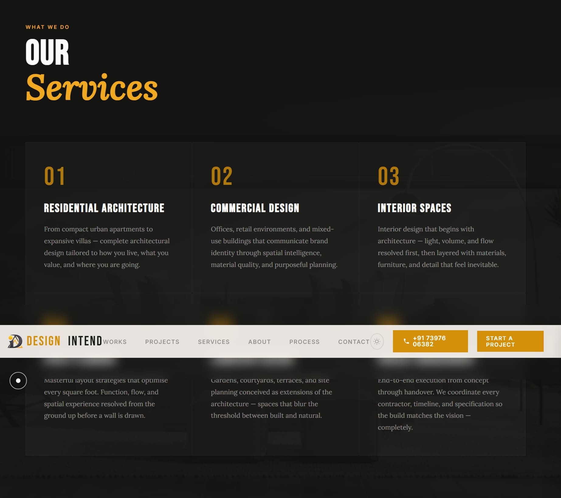 Design Intend project portfolio page showing completed residential and commercial projects