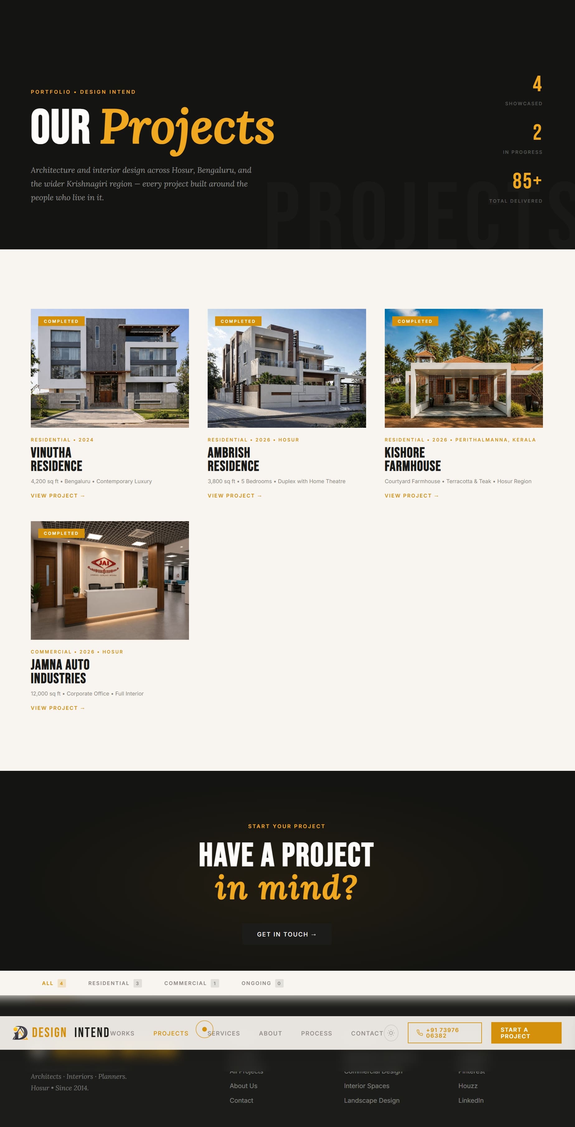 Design Intend services section showing architecture, interior design, and construction offerings